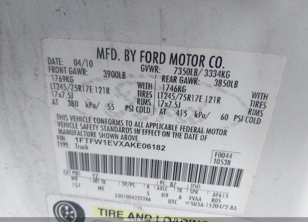 2010 FORD F-150 VIN: 1FTFW1EVXAKE06182