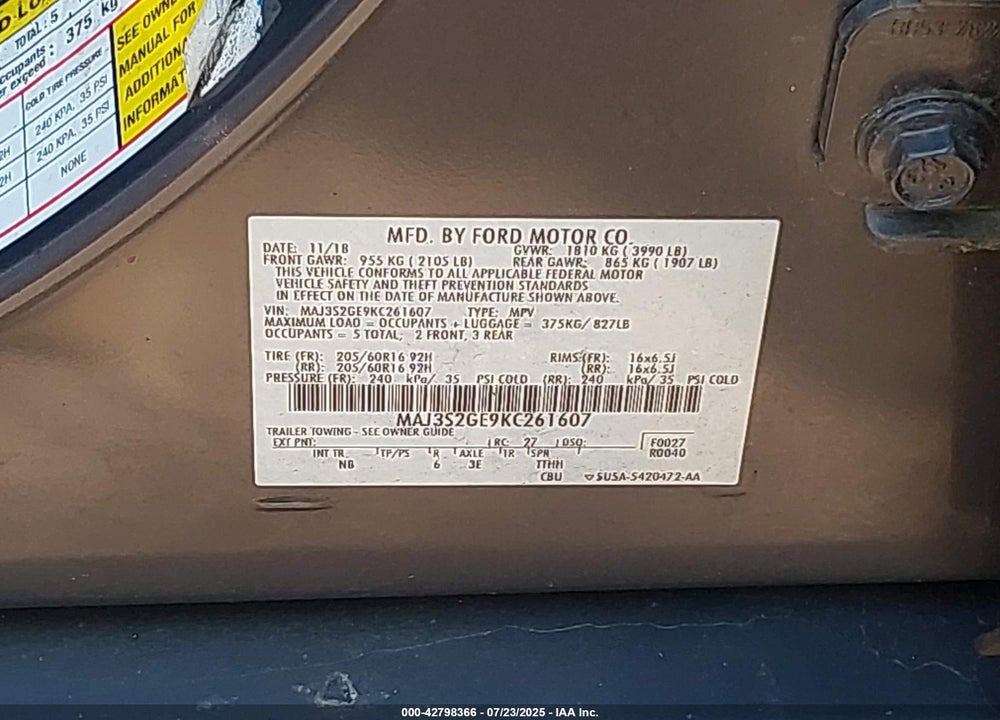 2019 FORD ECOSPORT VIN: MAJ3S2GE9KC261607