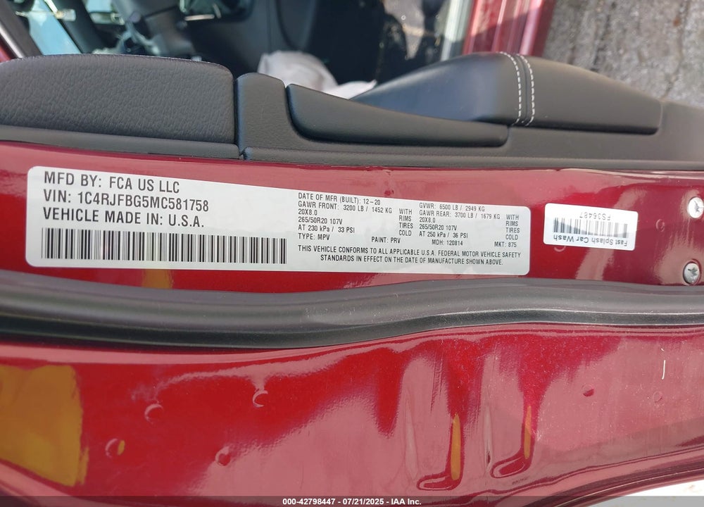 2021 JEEP GRAND CHEROKEE VIN: 1C4RJFBG5MC581758