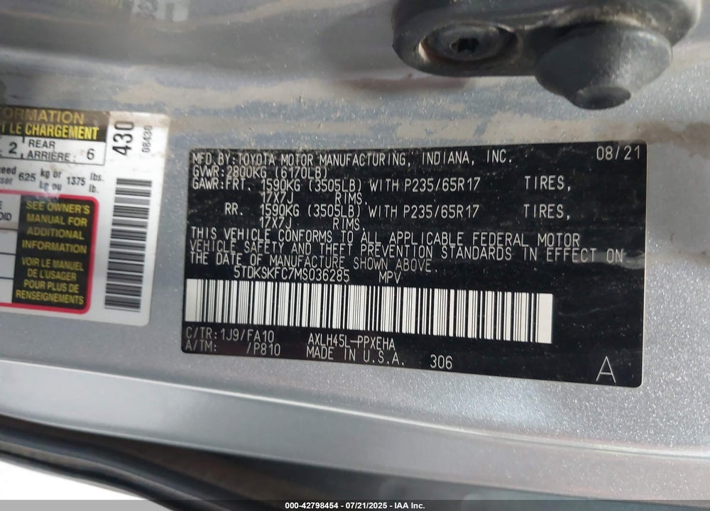 2021 TOYOTA SIENNA LE VIN: 5TDKSKFC7MS036285