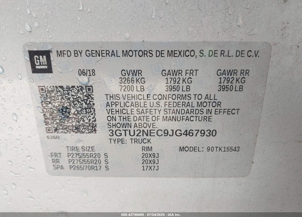 2018 GMC SIERRA 1500 VIN: 3GTU2NEC9JG467930