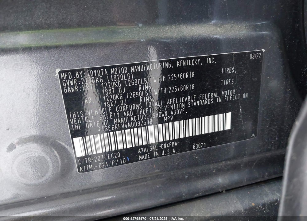 2022 TOYOTA RAV4 HYBRID VIN: 4T3E6RFV4NU092518