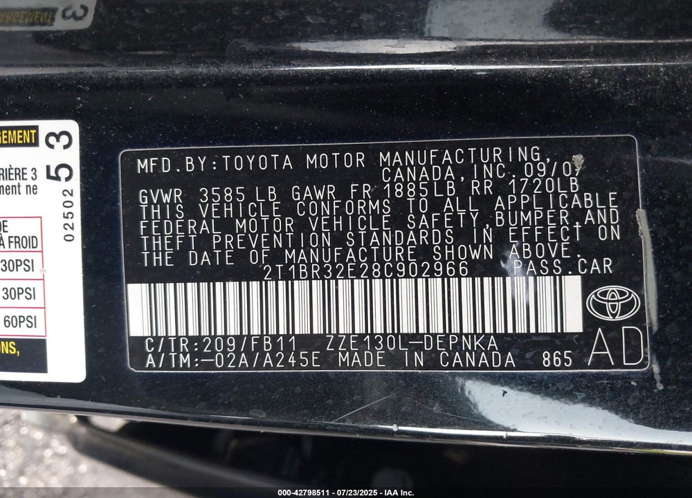 2008 TOYOTA COROLLA VIN: 2T1BR32E28C902966