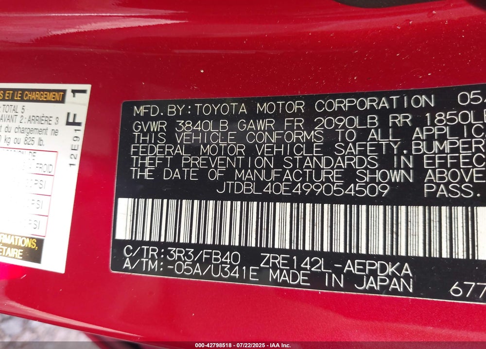 2009 TOYOTA COROLLA LE VIN: JTDBL40E499054509