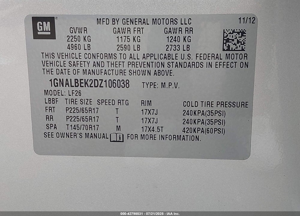 2013 CHEVROLET EQUINOX VIN: 1GNALBEK2DZ106038
