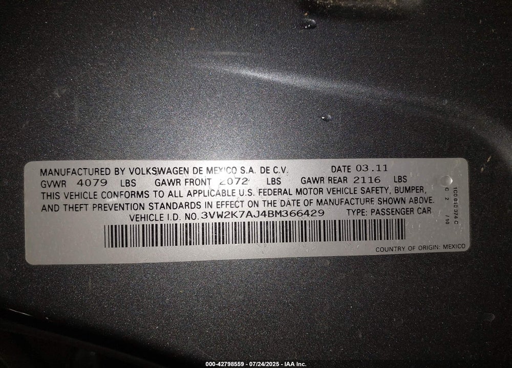 2011 VOLKSWAGEN JETTA VIN: 3VW2K7AJ4BM366429