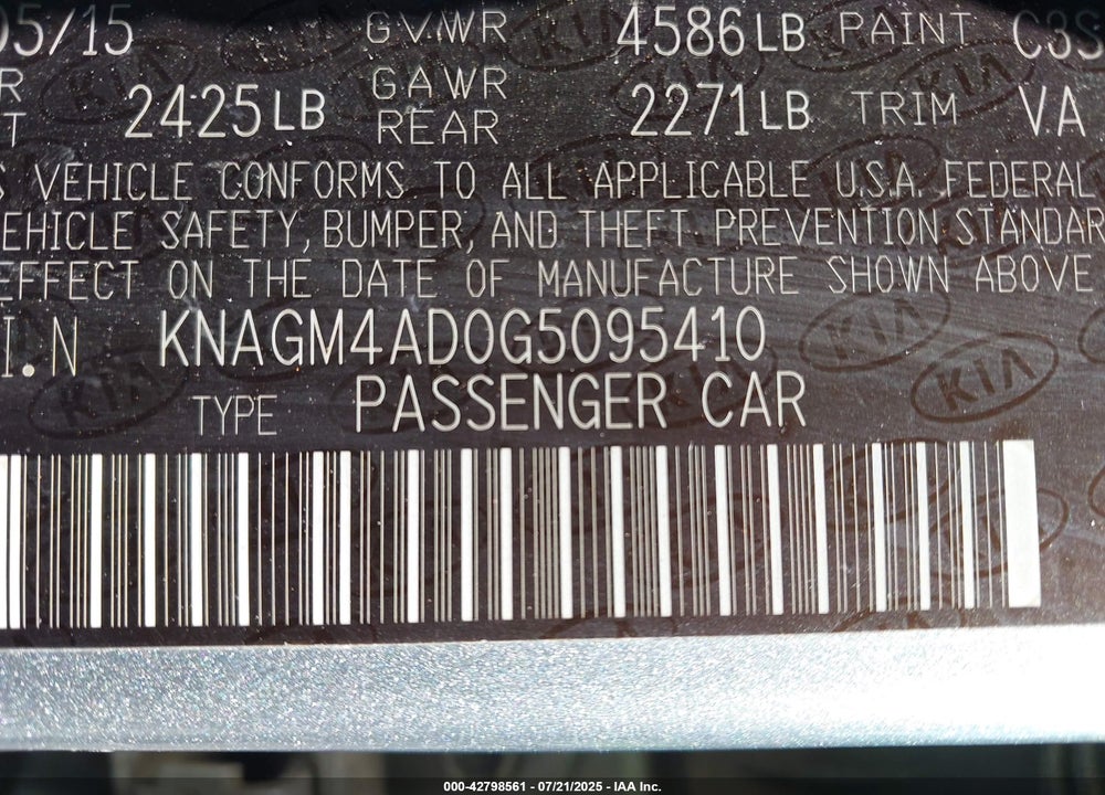 2016 KIA OPTIMA HYBRID VIN: KNAGM4AD0G5095410