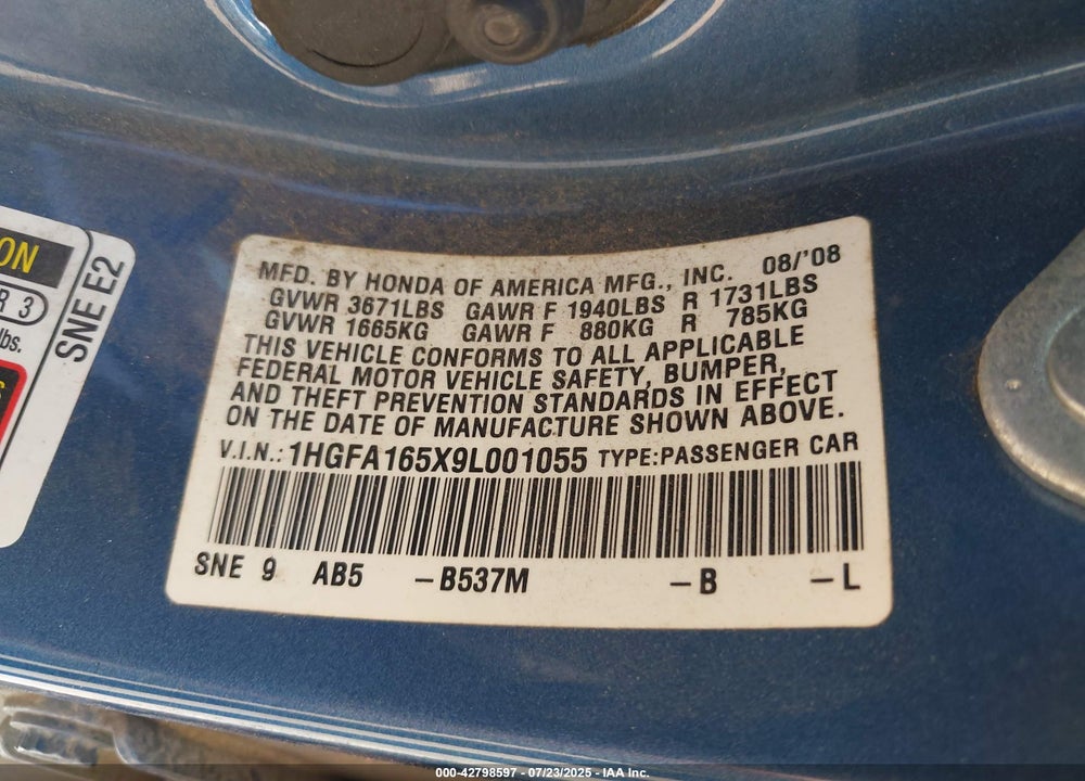 2009 HONDA CIVIC VIN: 1HGFA165X9L001055