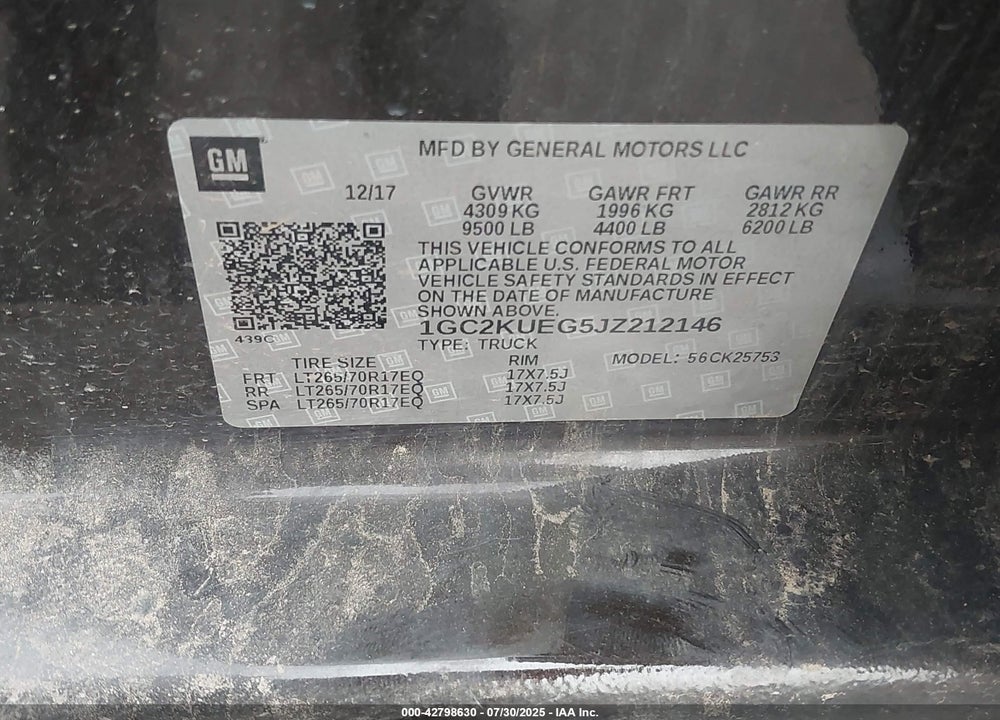 2018 CHEVROLET SILVERADO 2500 VIN: 1GC2KUEG5JZ212146