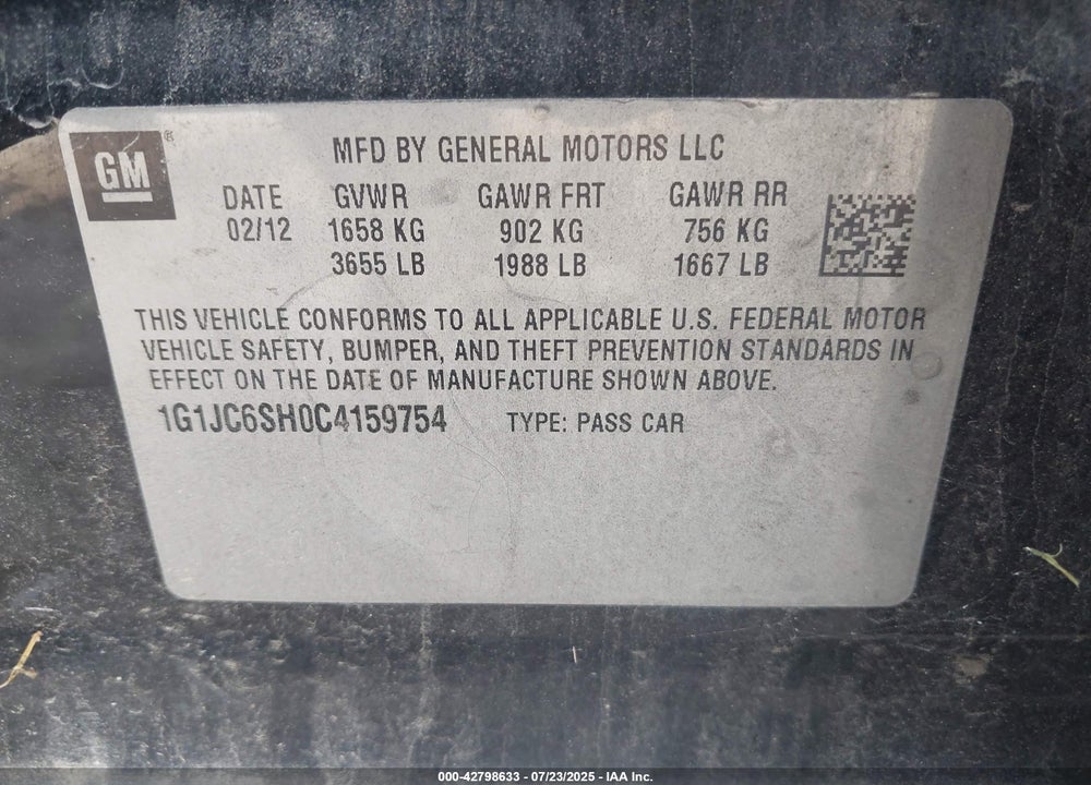 2012 CHEVROLET SONIC VIN: 1G1JC6SH0C4159754