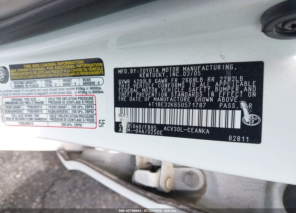 2005 TOYOTA CAMRY VIN: 4T1BE32K65U571787