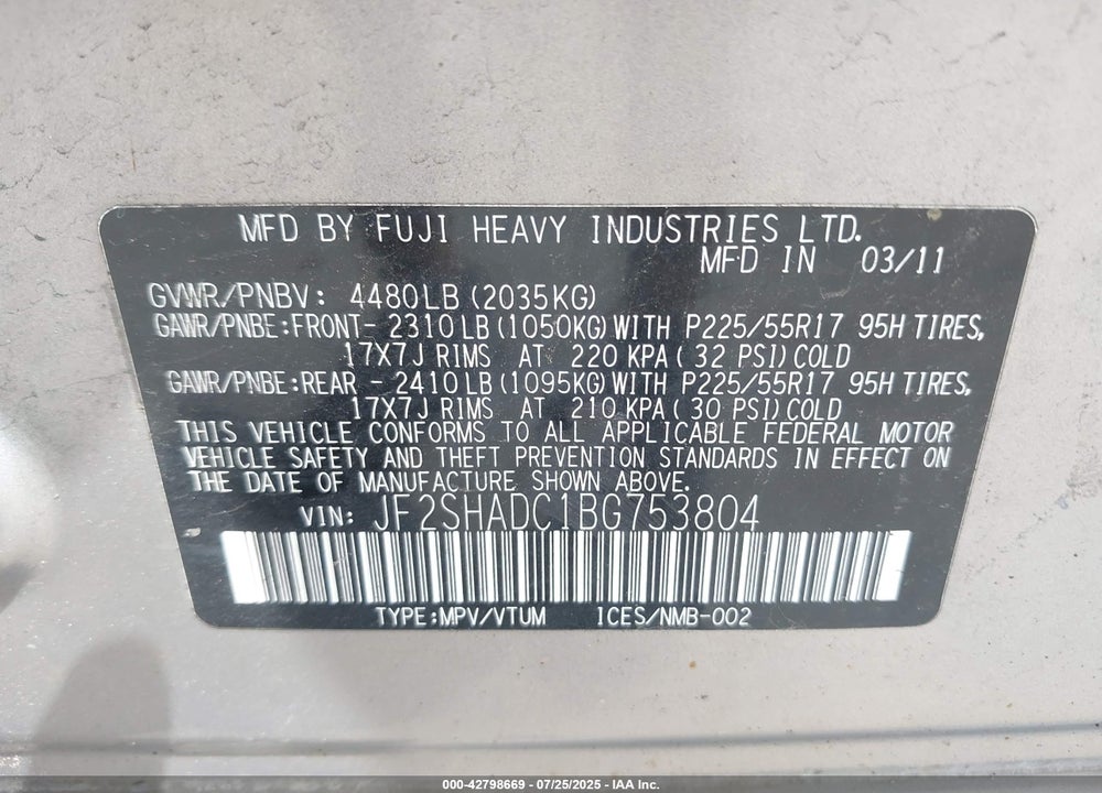 2011 SUBARU FORESTER VIN: JF2SHADC1BG753804