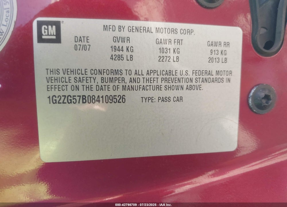 2008 PONTIAC G6 VIN: 1G2ZG57B084109526