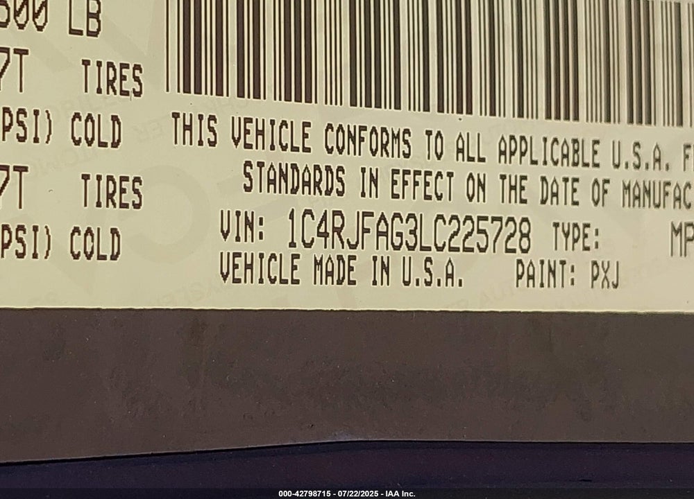 2020 JEEP GRAND CHEROKEE VIN: 1C4RJFAG3LC225728