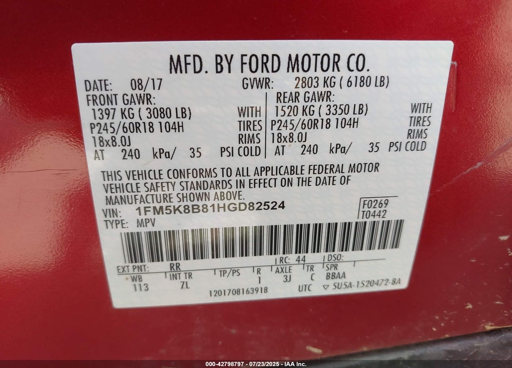 2017 FORD EXPLORER VIN: 1FM5K8B81HGD82524