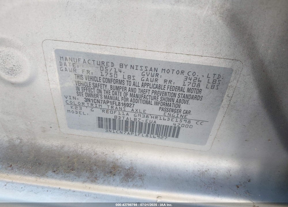 2015 NISSAN VERSA VIN: 3N1CN7AP1FL816927