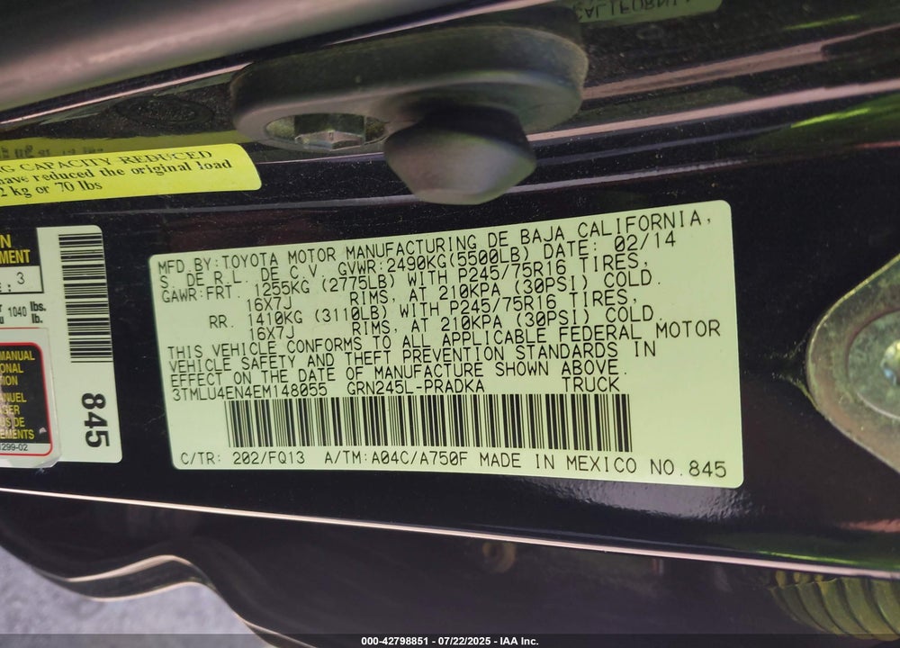 2014 TOYOTA TACOMA BASE V6 VIN: 3TMLU4EN4EM148055