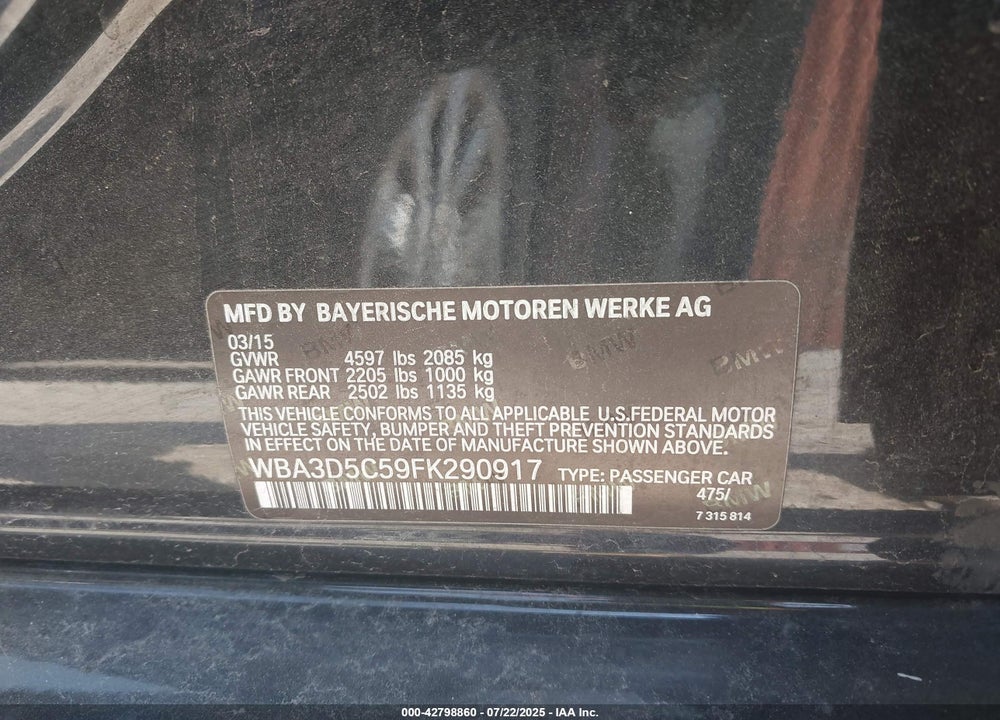 2015 BMW 3 SERIES VIN: WBA3D5C59FK290917