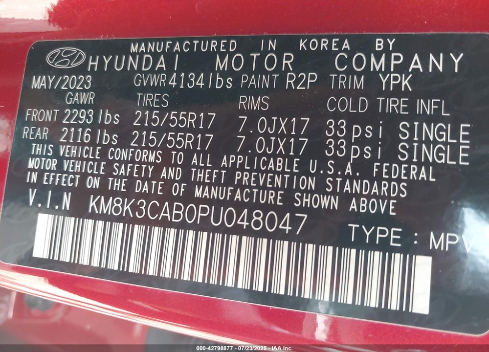 2023 HYUNDAI KONA VIN: KM8K3CAB0PU048047