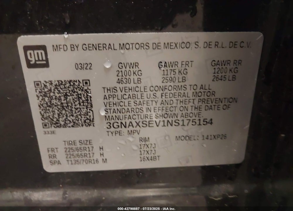 2022 CHEVROLET EQUINOX AWD LS VIN: 3GNAXSEV1NS175154