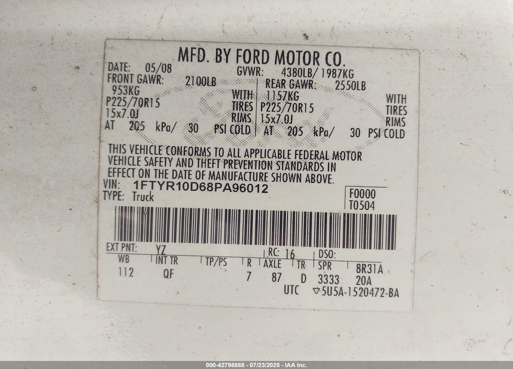 2008 FORD RANGER VIN: 1FTYR10D68PA96012