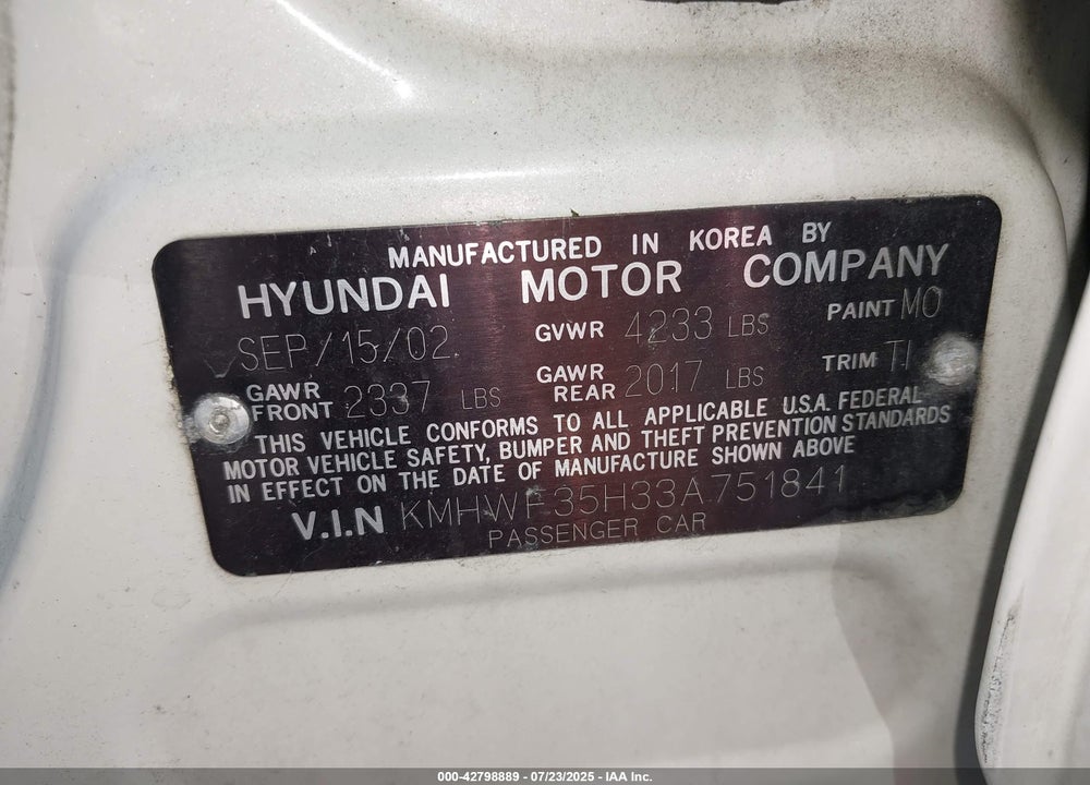 2003 HYUNDAI SONATA GLS/LX VIN: KMHWF35H33A751841