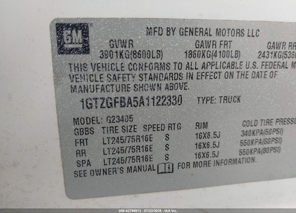 2010 GMC SAVANA 2500 WORK VAN VIN: 1GTZGFBA5A1122330