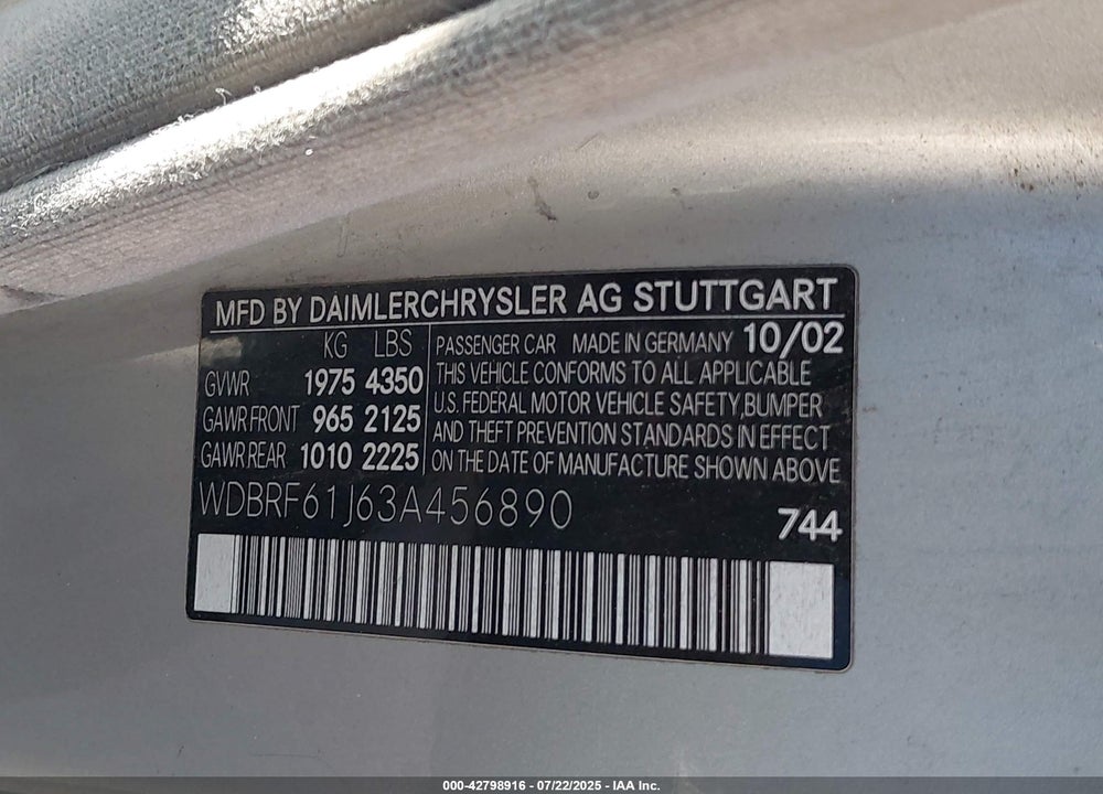 2003 MERCEDES-BENZ C 240 VIN: WDBRF61J63A456890