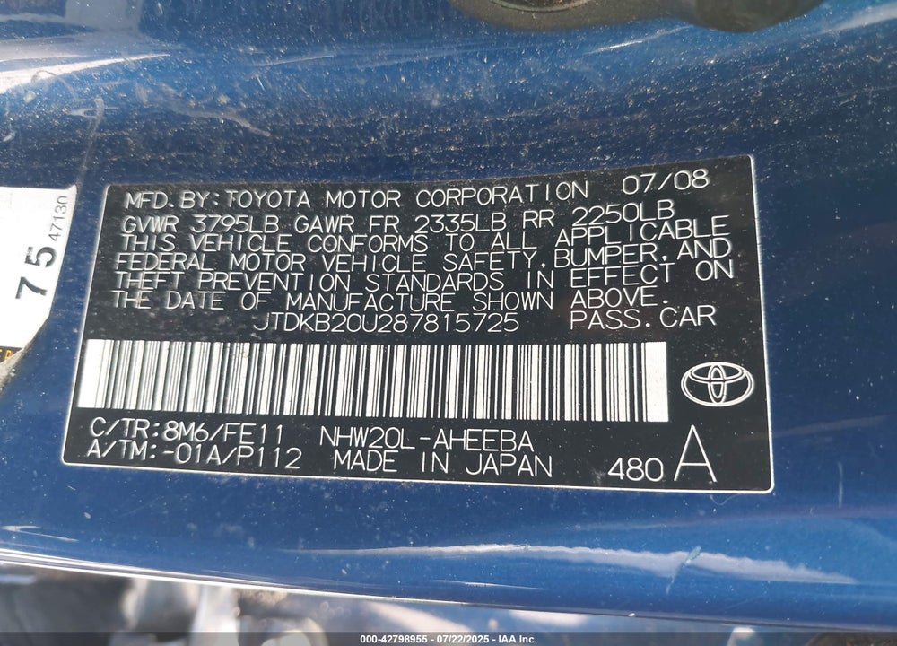2008 TOYOTA PRIUS VIN: JTDKB20U287815725