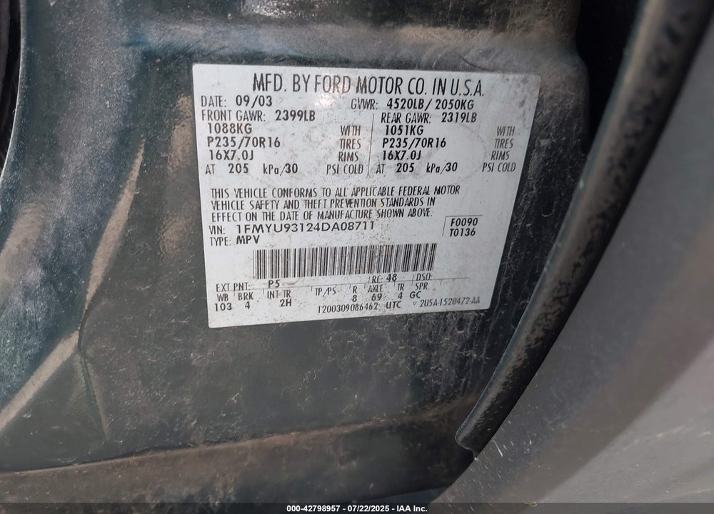 2004 FORD ESCAPE XLT VIN: 1FMYU93124DA08711