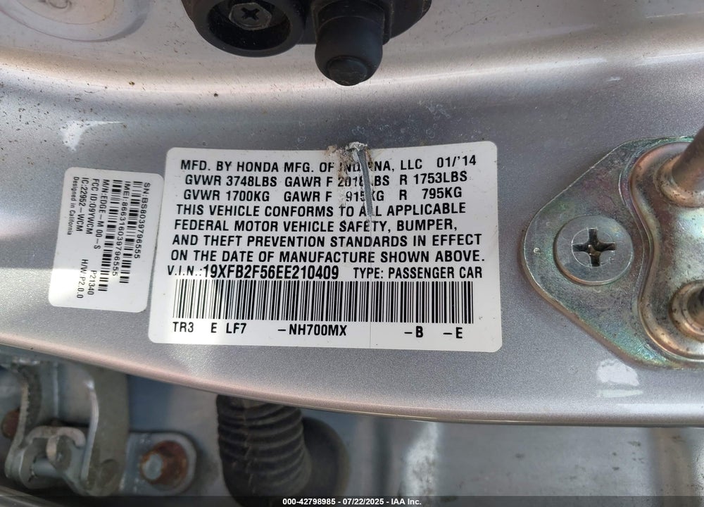 2014 HONDA CIVIC VIN: 19XFB2F56EE210409