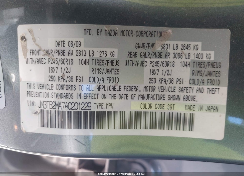 2010 MAZDA CX-9 VIN: JM3TB2MA7A0201229