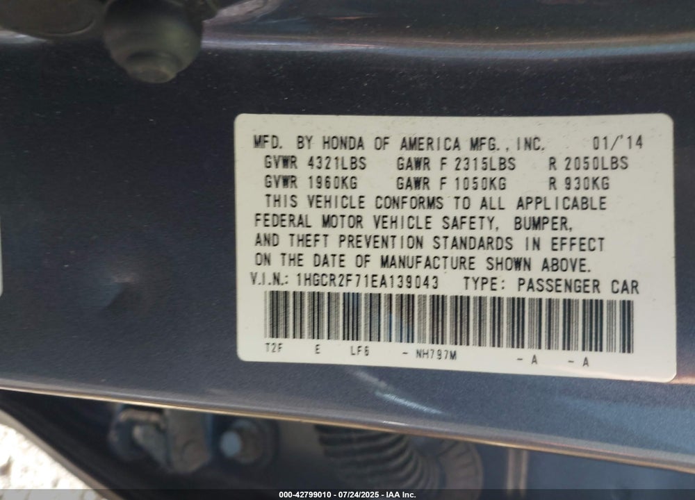 2014 HONDA ACCORD VIN: 1HGCR2F71EA139043
