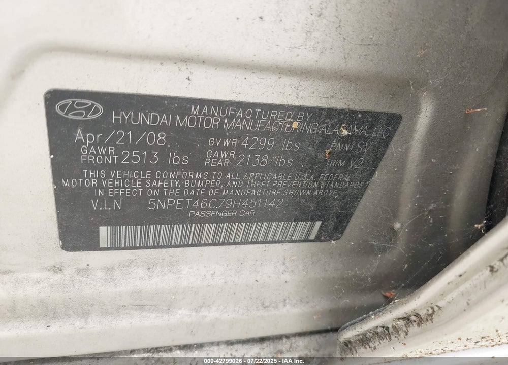2009 HYUNDAI SONATA GLS VIN: 5NPET46C79H451142