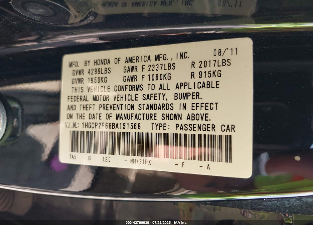 2011 HONDA ACCORD VIN: 1HGCP2F68BA151568