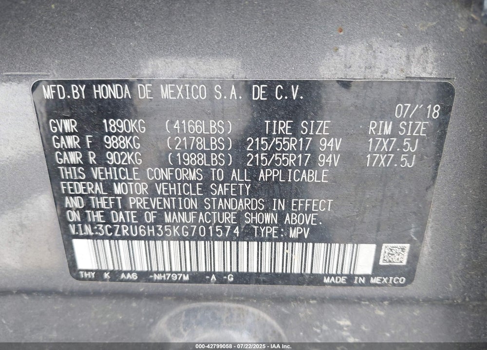 2019 HONDA HR-V VIN: 3CZRU6H35KG701574