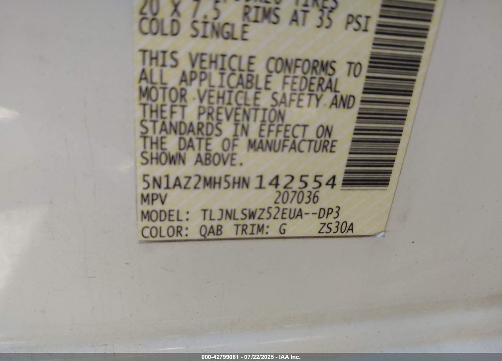 2017 NISSAN MURANO VIN: 5N1AZ2MH5HN142554