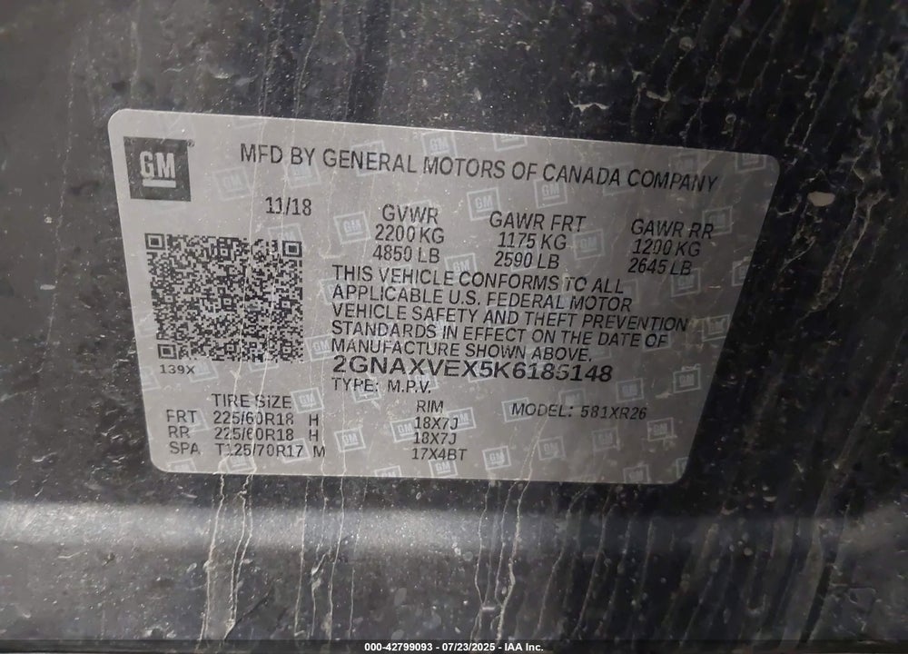 2019 CHEVROLET EQUINOX VIN: 2GNAXVEX5K6185148