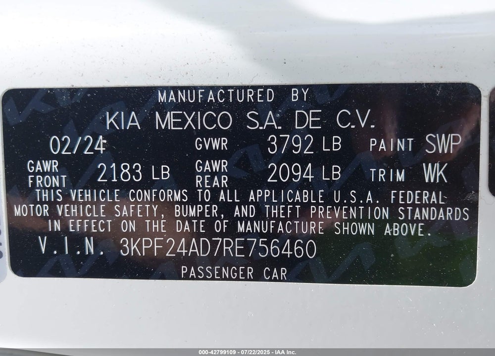 2024 KIA FORTE VIN: 3KPF24AD7RE756460