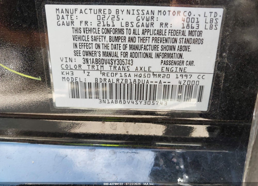 2025 NISSAN SENTRA VIN: 3N1AB8DV4SY305743