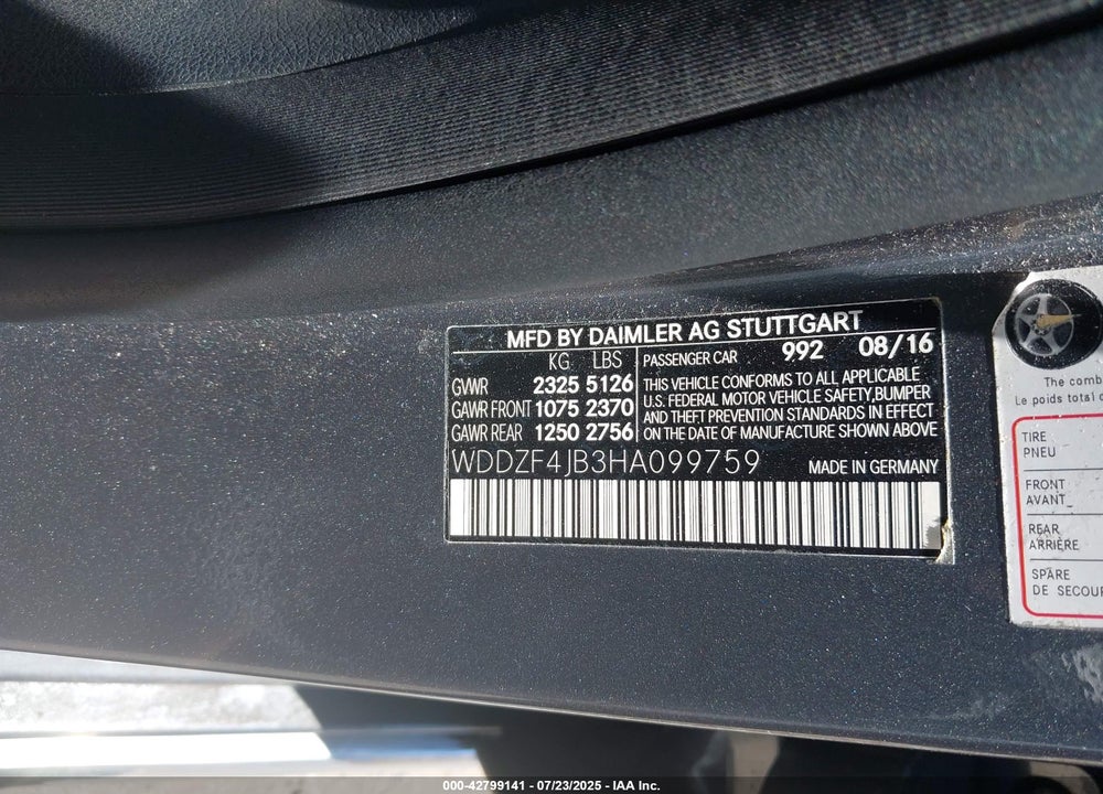 2017 MERCEDES-BENZ E-CLASS VIN: WDDZF4JB3HA099759