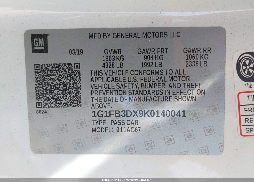 2019 CHEVROLET CAMARO VIN: 1G1FB3DX9K0140041