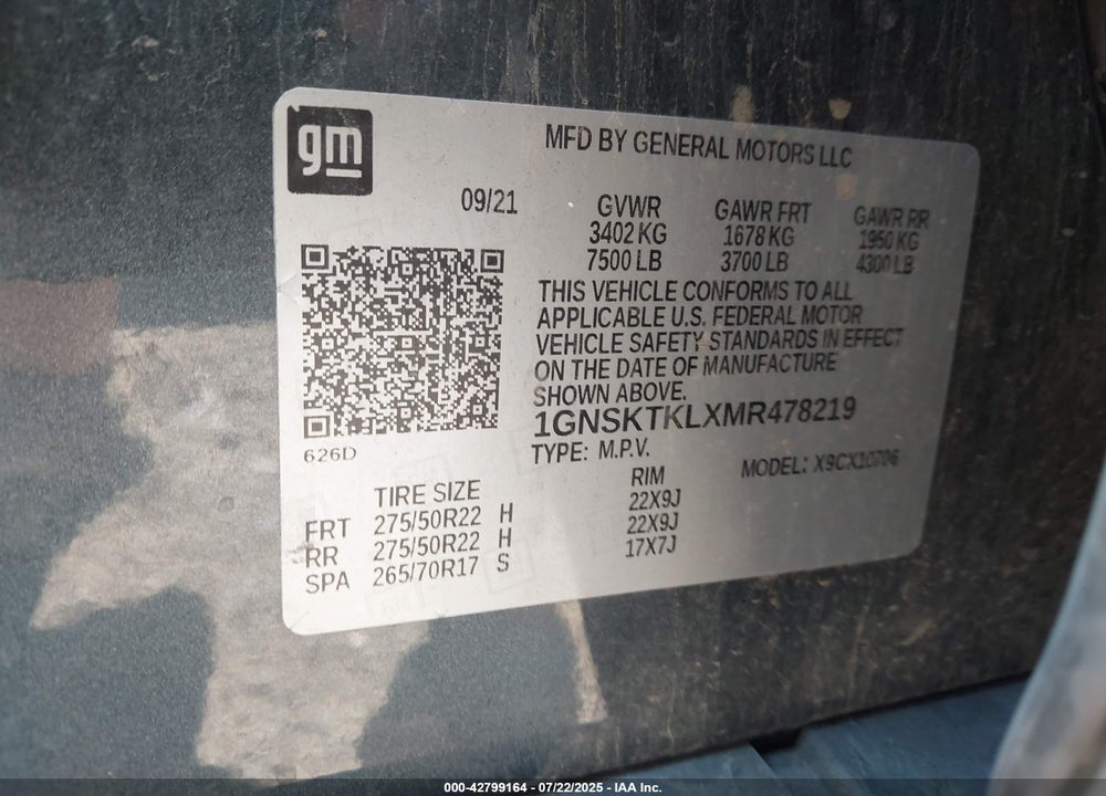 2021 CHEVROLET TAHOE VIN: 1GNSKTKLXMR478219