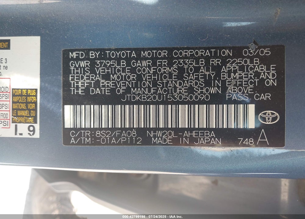 2005 TOYOTA PRIUS VIN: JTDKB20U153050090