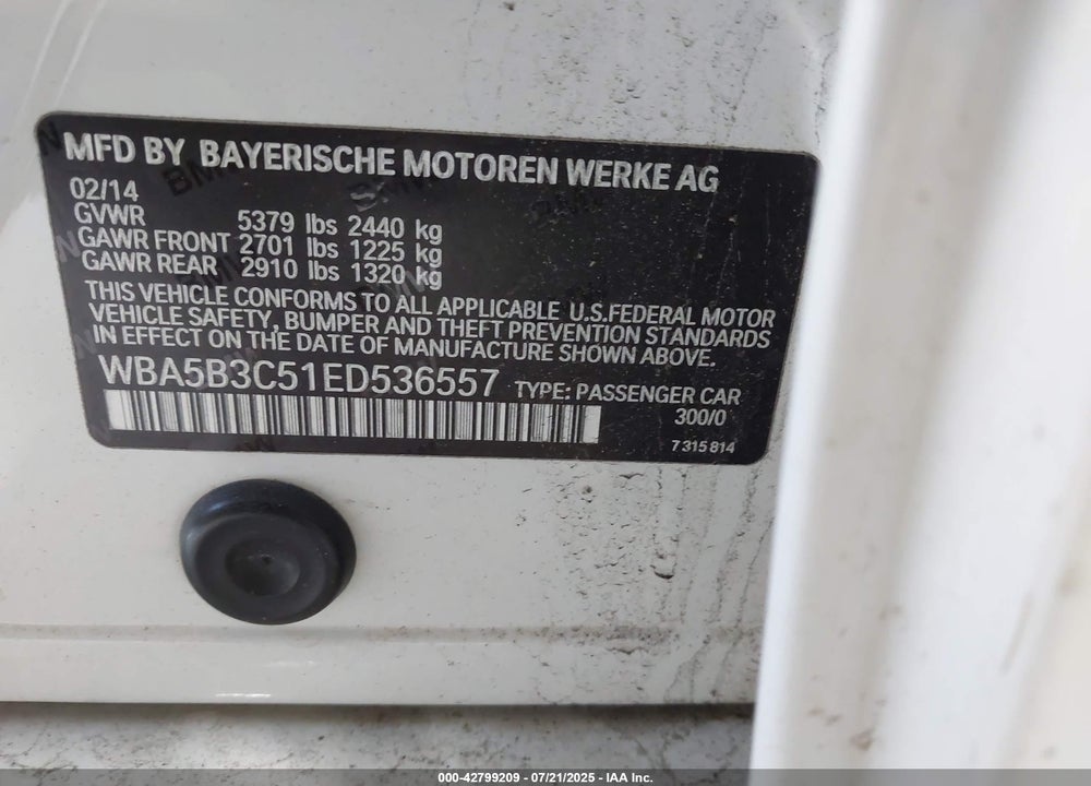 2014 BMW 5 SERIES VIN: WBA5B3C51ED536557