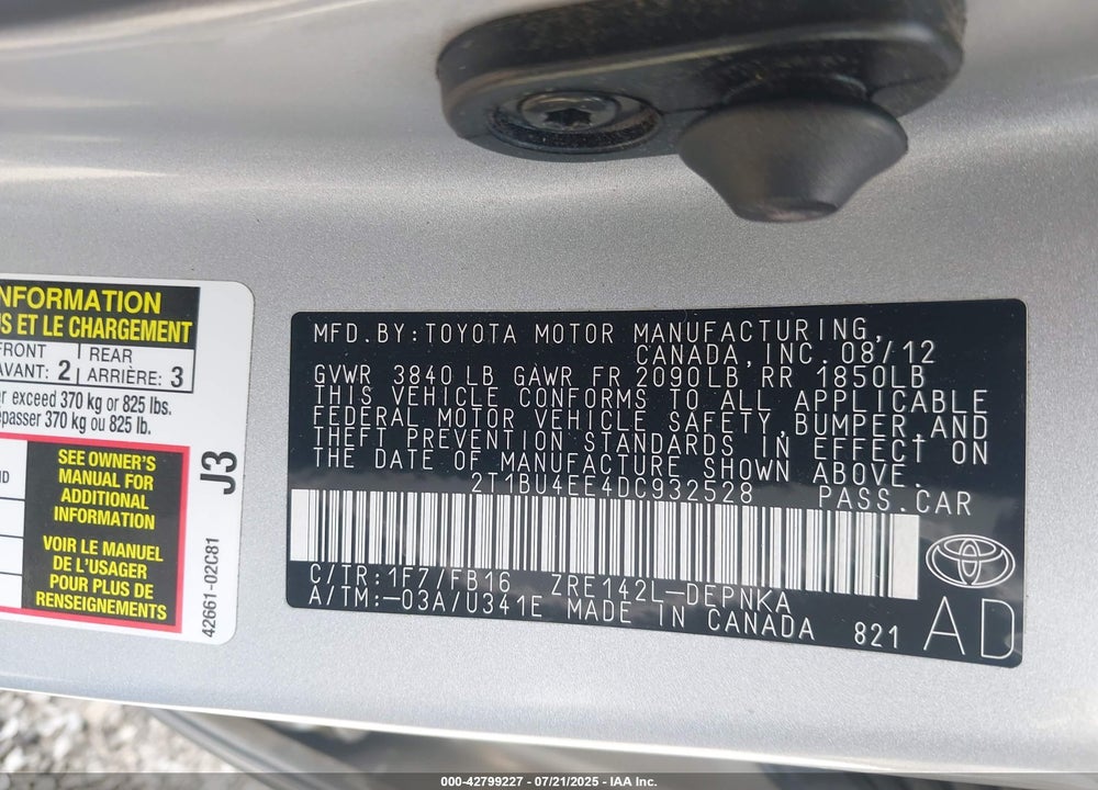 2013 TOYOTA COROLLA LE VIN: 2T1BU4EE4DC932528