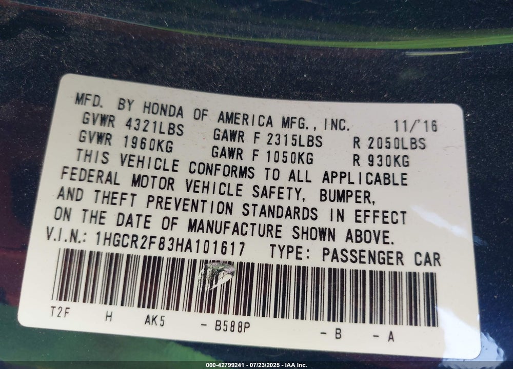 2017 HONDA ACCORD VIN: 1HGCR2F83HA101617