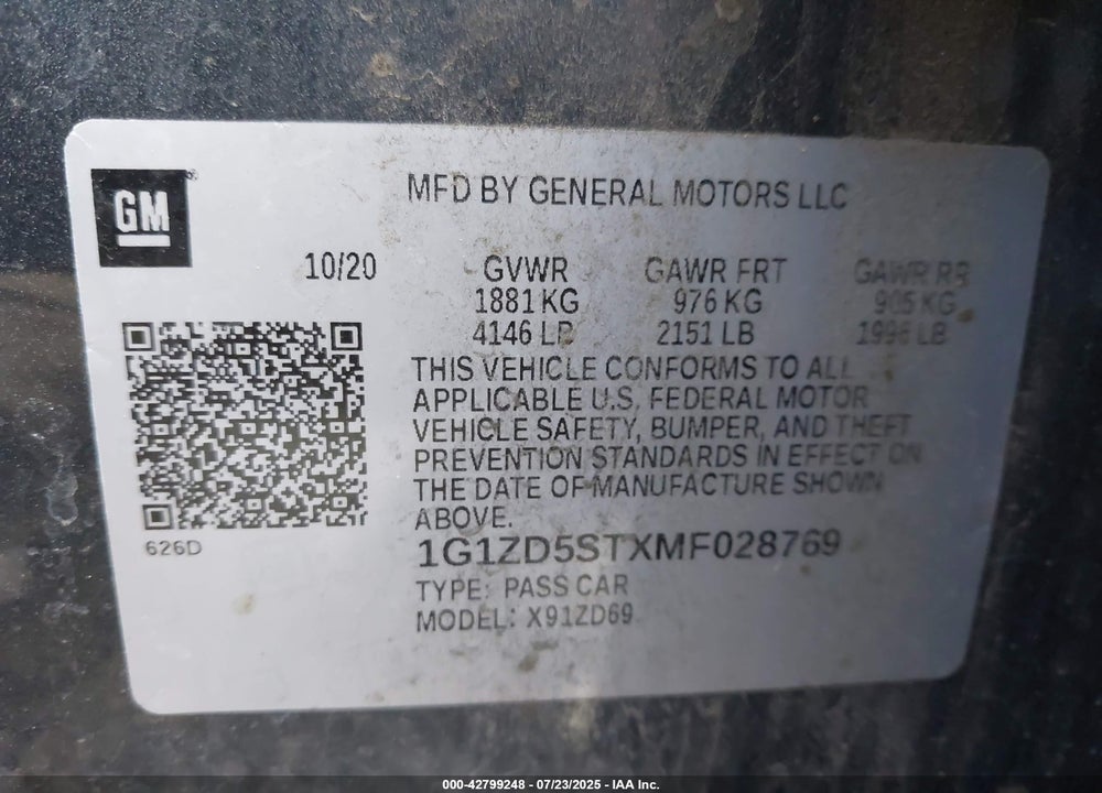 2021 CHEVROLET MALIBU VIN: 1G1ZD5STXMF028769