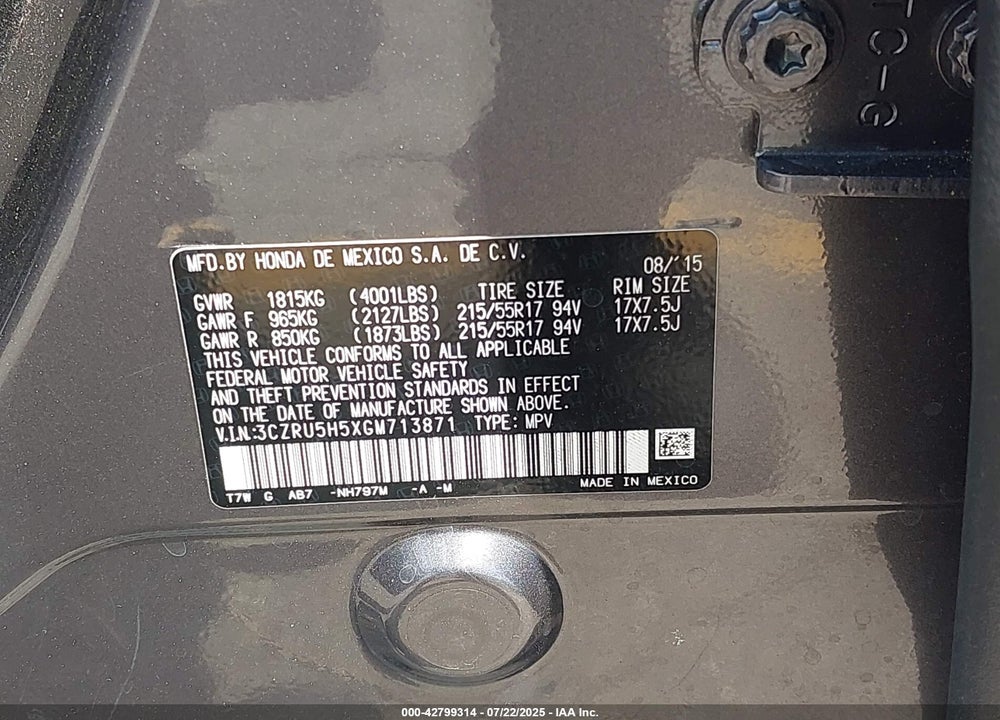 2016 HONDA HR-V VIN: 3CZRU5H5XGM713871