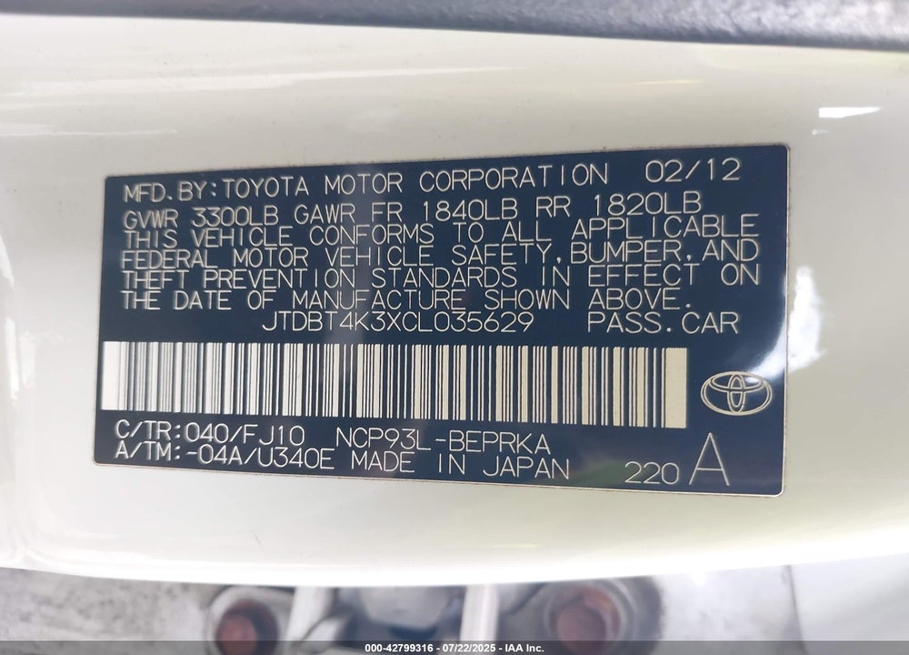 2012 TOYOTA YARIS VIN: JTDBT4K3XCL035629